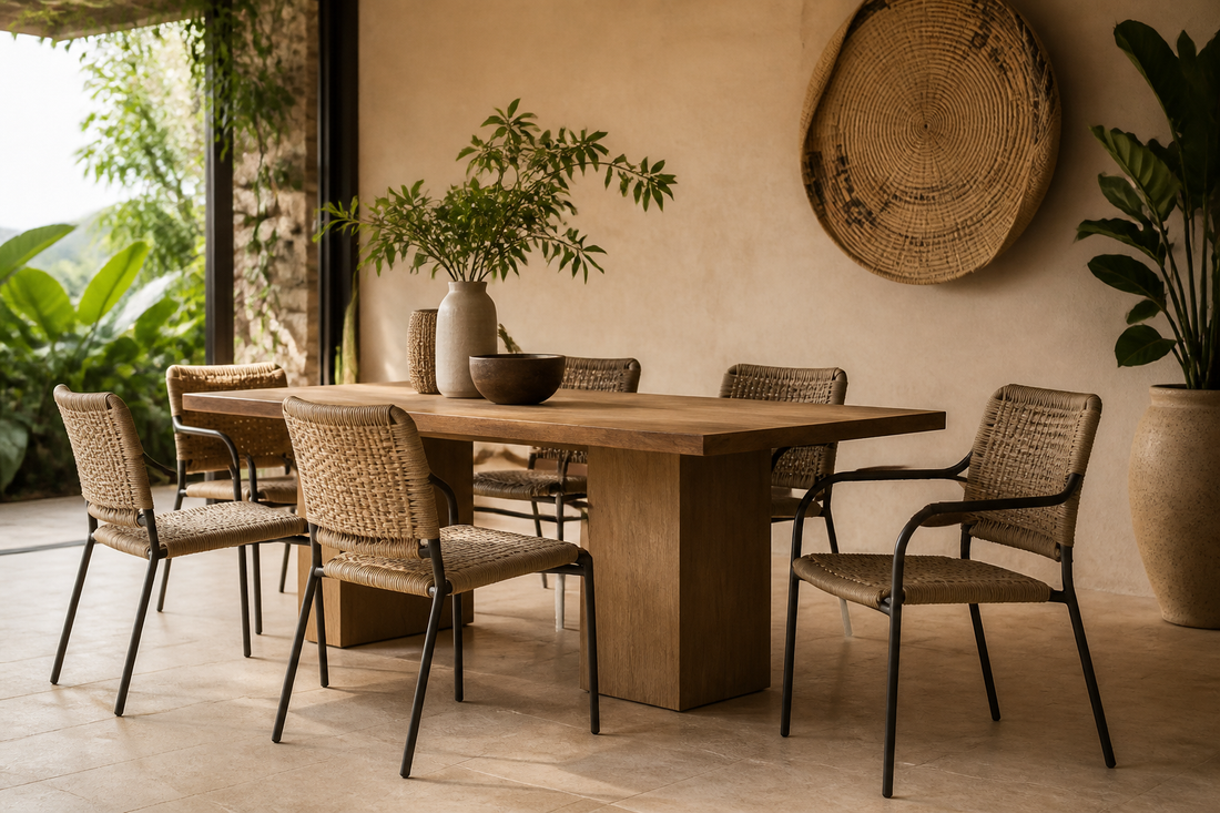 Woven dining chairs arranged around a modern wooden dining table