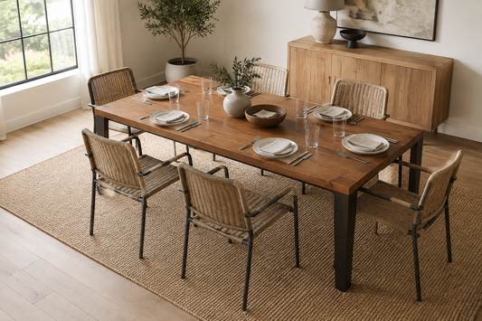 Six woven dining chairs around a rectangular dining table with generous spacing