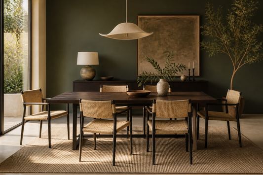 Natural woven dining chairs paired with a dark modern dining table