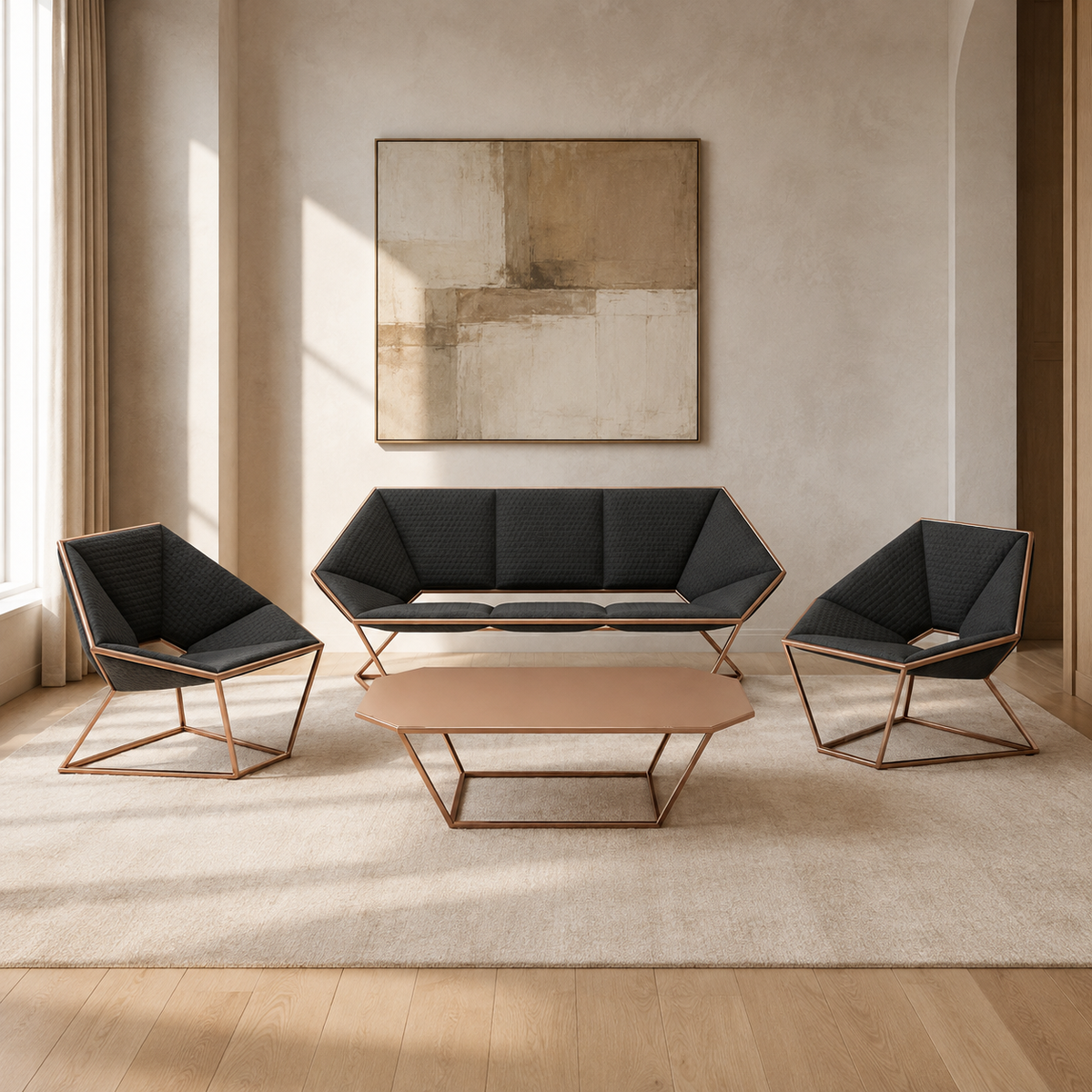 Cooper black and copper geometric living room set in a contemporary interior