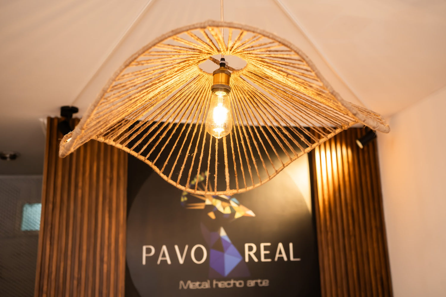 Lámpara artesanal y letrero de Pavo Real Metal Hecho Arte